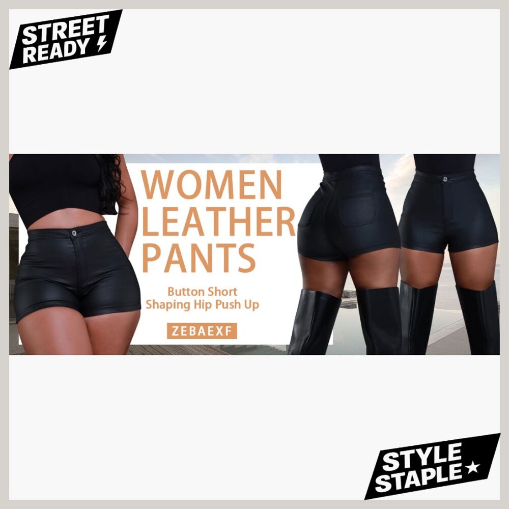 High Waist Faux Leather Shorts, Zipper Front, Stretchy PU Material - Picture 7 of 7